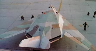 F-117 in desert camoflage for daylight flight tests in Nevada