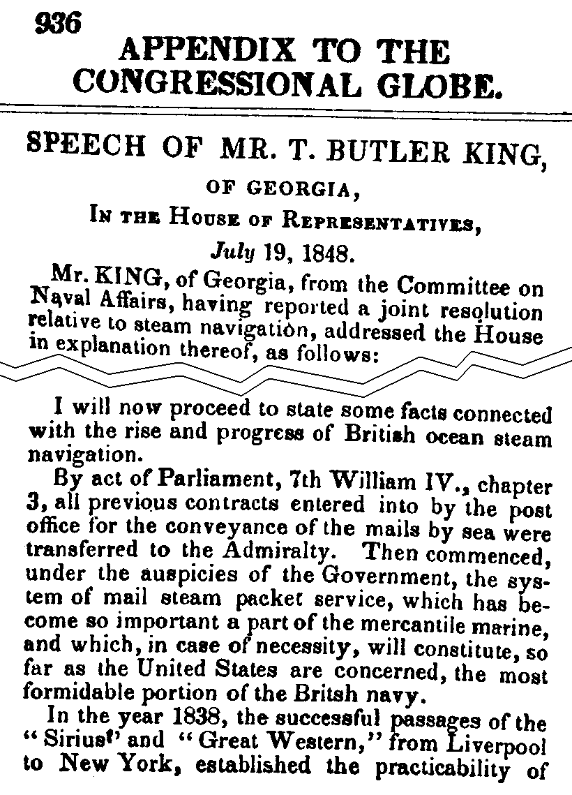 July 19, 1848: Cunard excerpts from Butler King's speech, page 936 column 2