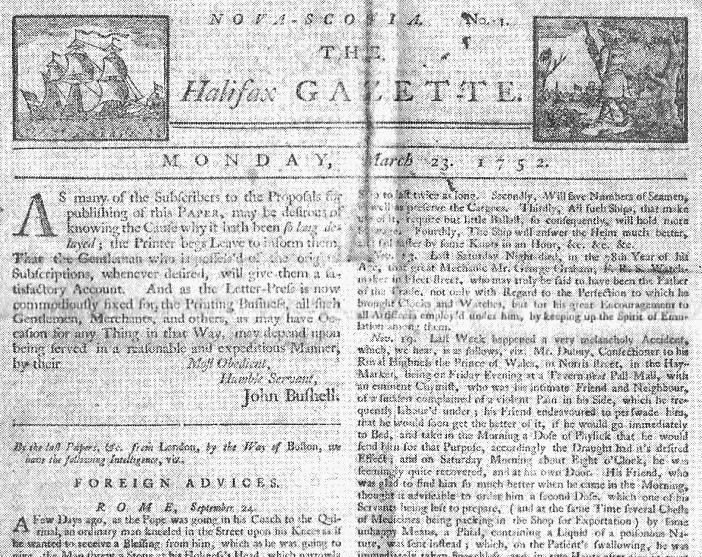 Nova Scotia: Halifax Gazette, 23 March 1752
