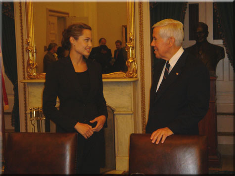 Senate Foreign Relations Committee Chairman Dick Lugar meets with United Nations Refugees Agency Goodwill Ambassador and actress Angelina Jolie. Ms. Jolie is in Washington to launch World Refugee Day events.