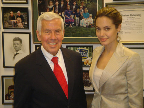 Senator Lugar with actres Angelina Jolie. Ms. Jolie was in Washington to raise awareness about refugees through her work as a United Nations High Commissioner for Refugees (UNHCR) Goodwill Ambassador.