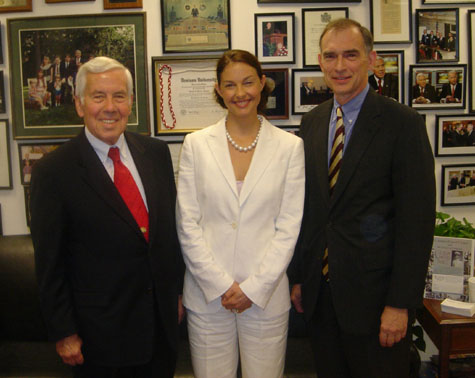 Senator Lugar and Congressman Pete Visclosky (D-IN) with actress Ashley Judd, Global Ambassador for YouthAIDS in Lugar?s Washington, DC, office prior to a Senate Foreign Relations Committee hearing on developing an HIV vaccine. Judd was in Washington to testify about her experiences as a Global Ambassador for YouthAIDS, which works in more than 60 countries to educate and protect young people from HIV/AIDS. She has traveled extensively in Africa and Asia to raise awareness of HIV prevention and has been a committed advocate in the United States for AIDS education and philanthropy. As the author of H. Res. 286, the companion bill to Lugar?s S. Res. 42, Visclosky also testified before the Committee. The Lugar-Visclosky Resolution supports initiatives to accelerate research and coordinate global efforts to develop of an HIV vaccine. 