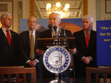 Senator Lugar participates in a press conference on the Free Flow of Information Act with Rep. Mike Pence (R-IN), Rep. Richard Boucher (D-VA) and Sen. Chris Dodd (D-CT). Lugar introduced the legislation, S. 340, in the Senate after meeting with Rep. Pence at the beginning of the year.