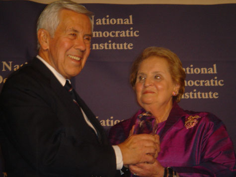 Senator Lugar receiving the National Democratic Institute?s W. Averell Harriman Democracy Award from Madeline Albright, former Secretary of State and current Chairman of the Board of Directors of NDI.
