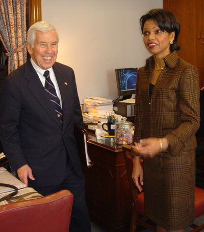 Senator Lugar and Secretary of State Condoleezza Rice talk before the Foreign Relations Committee hearing on the State Department budget.