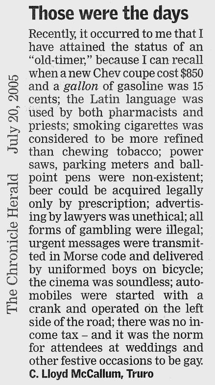 Those Were the Days: Letter, Chronicle-Herald, 20 July 2005
