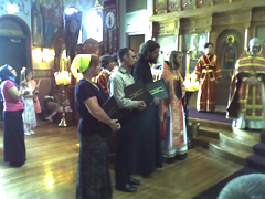 Graduating Class '2007 - Matthew Harrington, Mrs. Ruth Hrebinka, Rdr. Philosophos Uhlman, Priest Michael van Opstall (Rdr. Samouil Vichnevskii from Victoria, Australia - absent) at the Cathedral of the Protection of the Mother of God in Des Plaines, Illinois