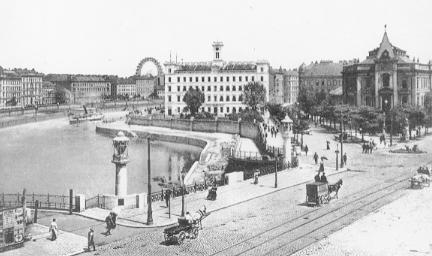 Rechts im Foto die Zentrale der Rettungsgesellschaft in der Radetzkystrae um 1900, dahinter sieht man das Direktionsgebude der DDSG