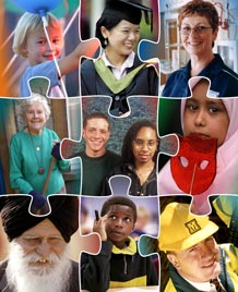 Jigsaw made up of faces of people from different racial groups