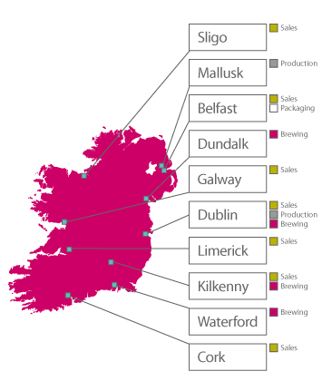 Map of Ireland, showing location of Diageo commercial offices and brewing and production centres