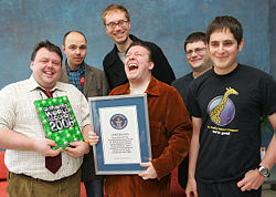 left to right: Craig Glenday (Guiness World Records), Karl Pilkington, Stephen Merchant, Ricky Gervais, Jake Jellinek and Nick Mailer (Positive Internet)