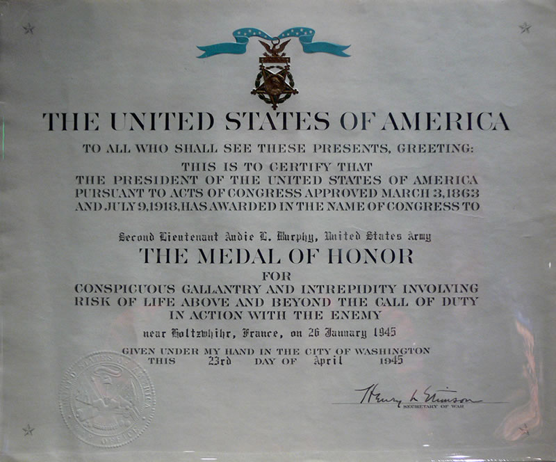 Medal of Honor Certificate, Audie Murphy, Smithsonian Institute