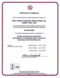OCLC ISO 9001 certificate (click to view larger)