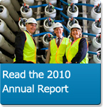 Image of Sydney Water's Mike Watts, Ian Payne and Susan Trousdale, who led the dealination project, in the desalination reverse osmosis hall. Click to go to the 2010 online Annual Report.